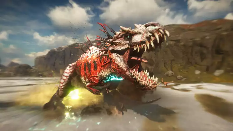 Gameplay footage of "Second Extinction" in which humans battle a herd of mutant dinosaurs.